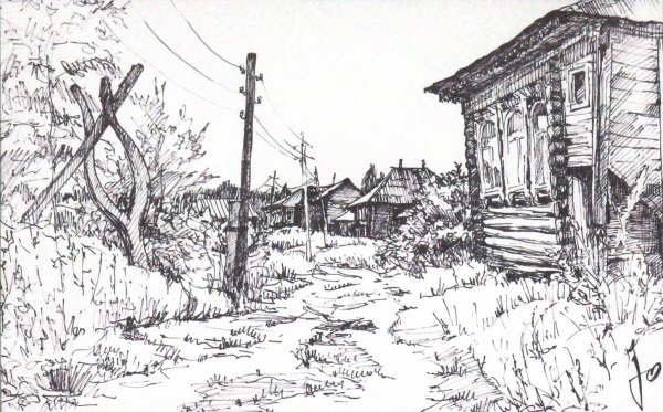 Деревенский пейзаж тушью