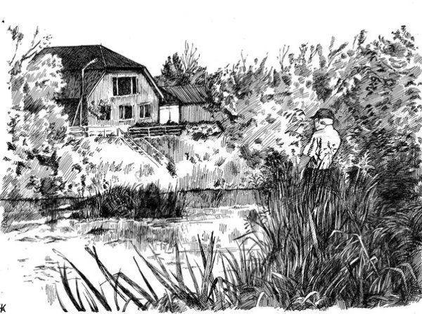 Деревенский пейзаж гелевой ручкой