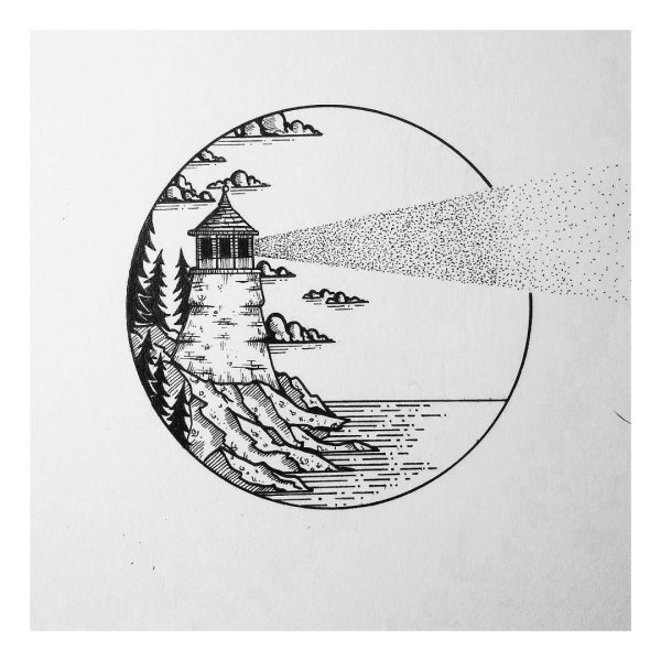 Пейзаж в круге карандашом