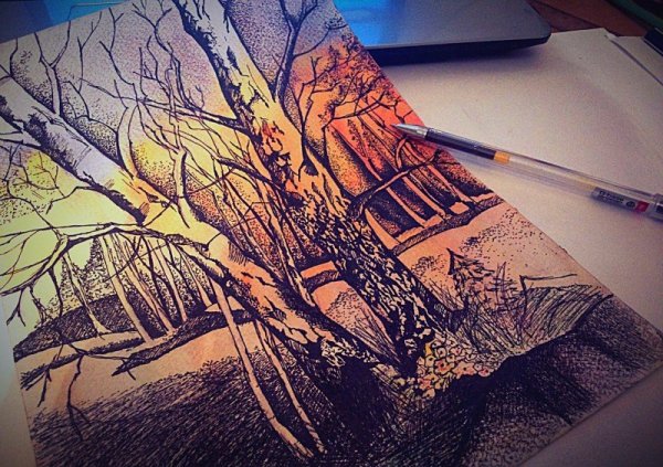 Акварель с гелевой ручкой