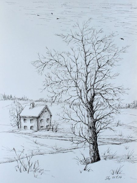 Графический пейзаж гелевой ручкой