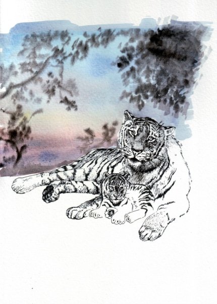 Тигр черной гелевой ручкой