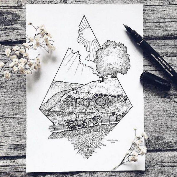 Рисунки акварелью и черной ручкой