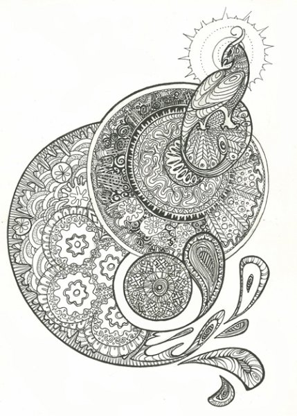 Птичка акварелью и гелевой ручкой