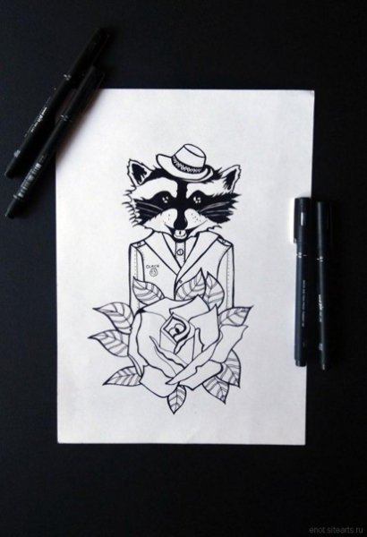 Енот черной ручкой