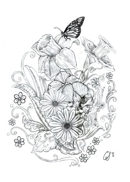 Бабочка на цветке эскиз