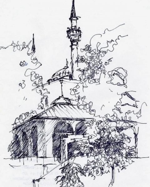 Архитектурный пейзаж гелевой ручкой