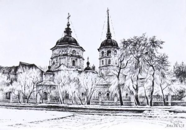 Пейзаж гелевой ручкой