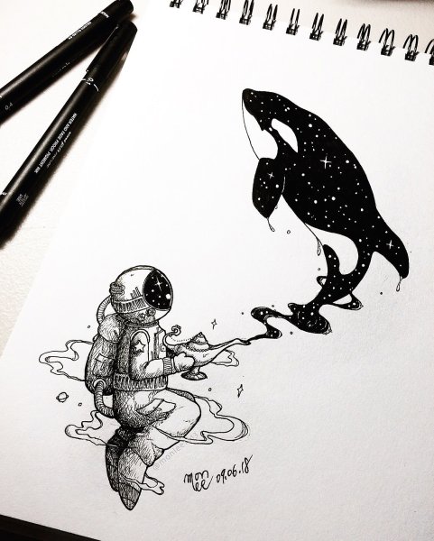 Кит черной гелевой ручкой