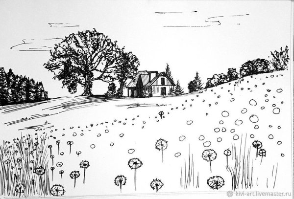 Пейзаж гелевой ручкой