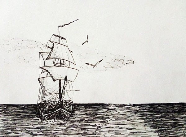 Корабль в море черной ручкой