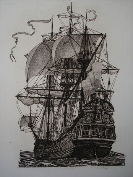 Парусные корабли офорт