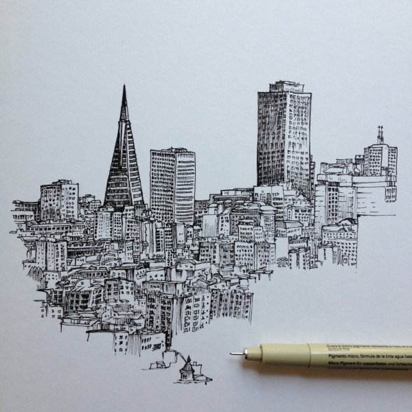 Город в графике черной ручкой