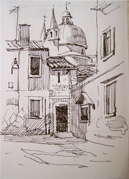 Городской пейзаж гелевой ручкой