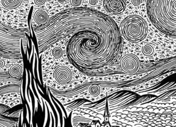 Ван Гог Звёздная ночь черно белая