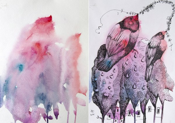 Акварель с гелевой ручкой