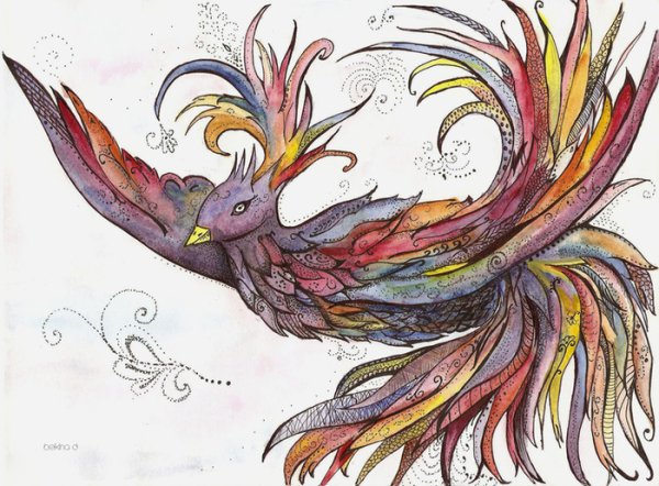 Птичка акварелью и гелевой ручкой