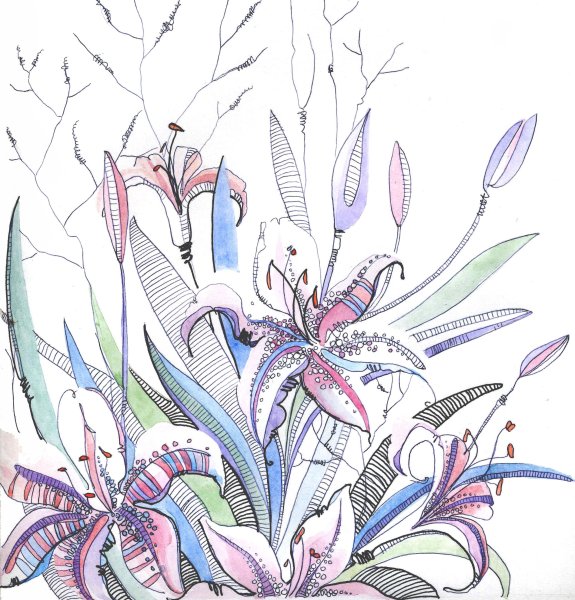 Цветы акварелью и гелевой ручкой