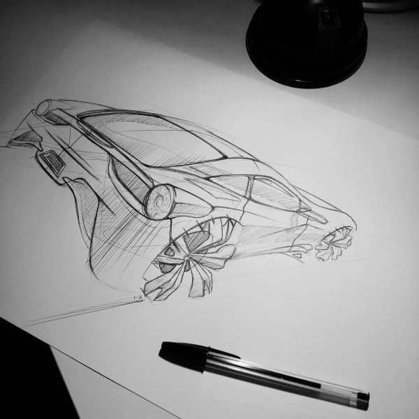 Набросок машины черной ручкой