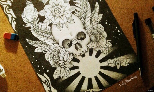 Череп чёрной гелевой ручкой