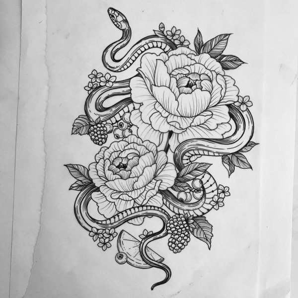 Тату эскиз змея и цветы