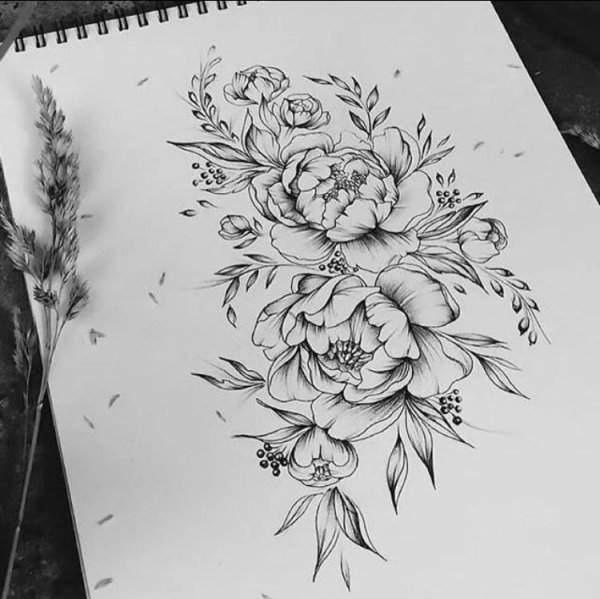 Эскиз тату цветы на бедро