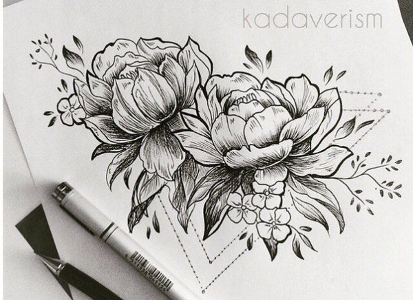 Тату пионы черно белые