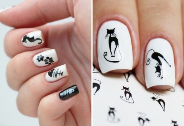 Черно белый маникюр с кошкой