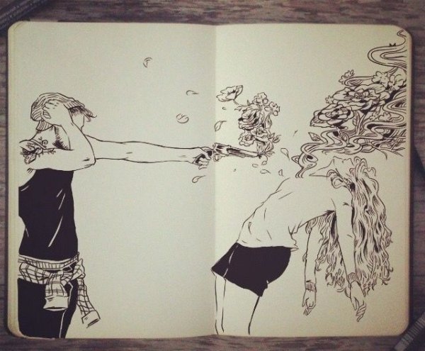 Рисунки в скетчбуке черной ручкой