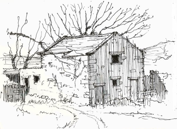 Деревенский пейзаж гелевой ручкой