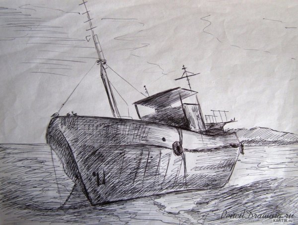 Корабль в море карандашом