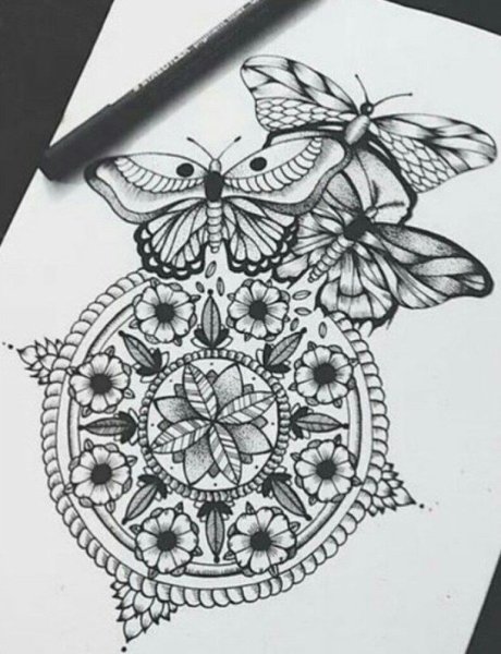 Тату Мандала с бабочками