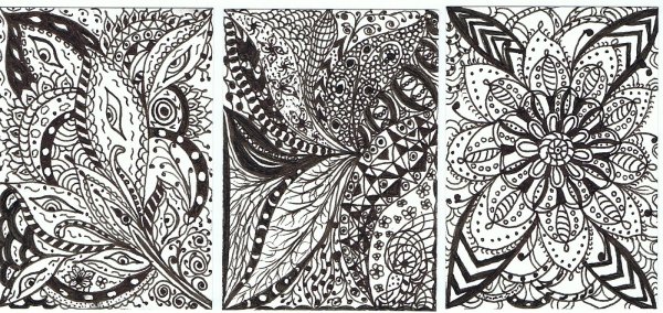 Узоры черной гелевой ручкой на бумаге