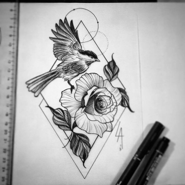 Графика тату птица и цветок эскиз