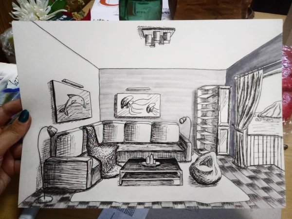 Скетч интерьера гелевыми ручками