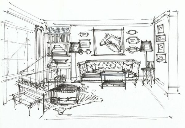 Эскиз интерьера в этностиле карандашом