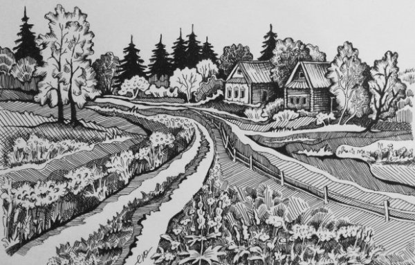 Пейзаж черной ручкой