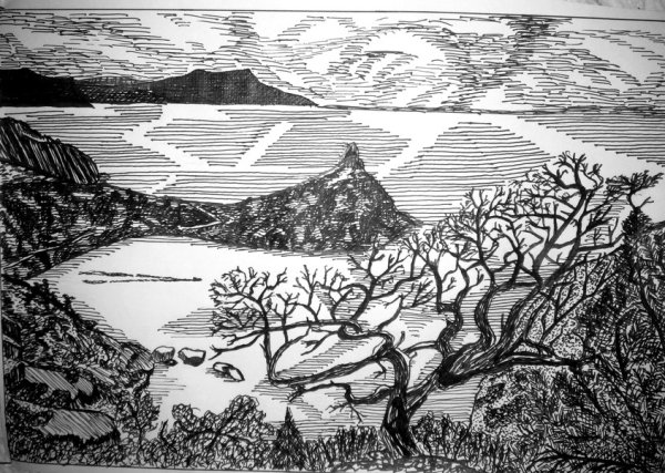 Графический пейзаж гелевой ручкой