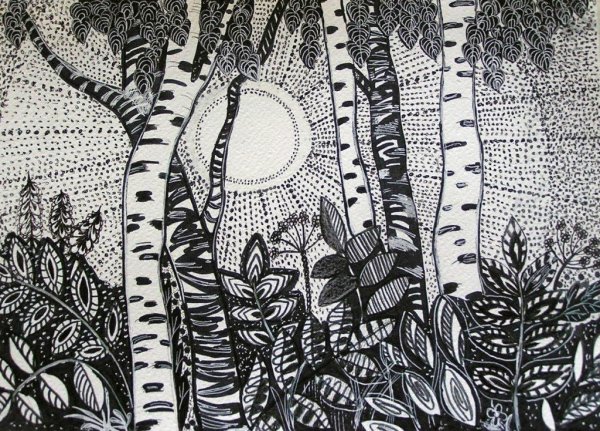 Графический пейзаж гелевой ручкой