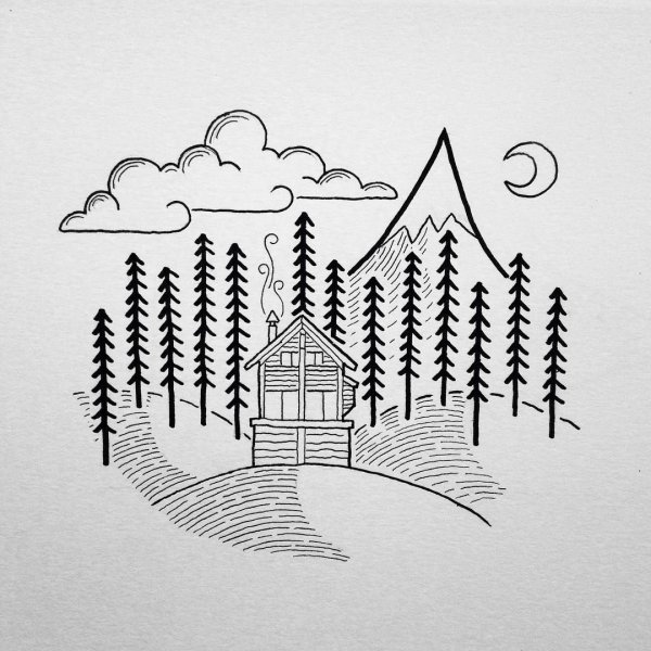 Пейзаж черной ручкой легкий