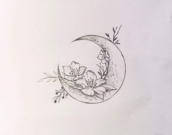 Эскиз тату месяц с цветами