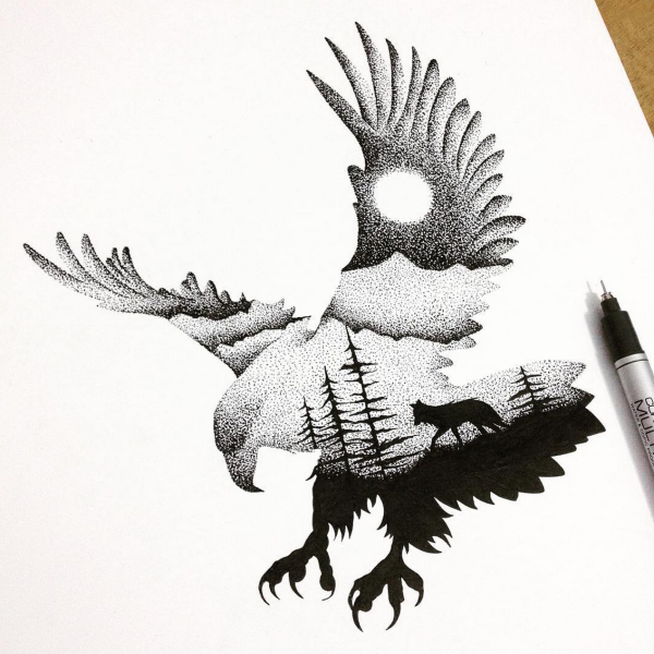 Птица в стиле дотворк