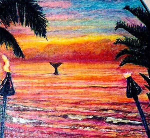 Закат на море цветными карандашами