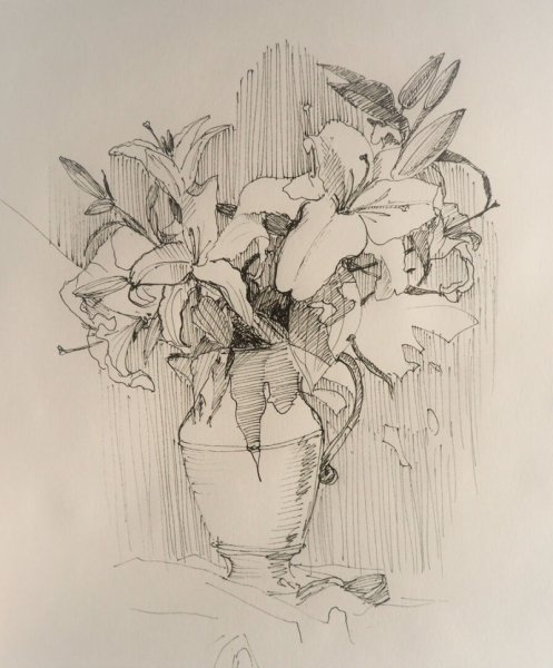 Ваза с цветами чёрной ручкой