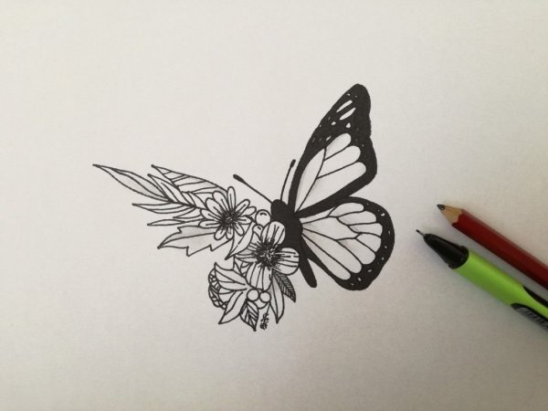 Бабочка черной ручкой