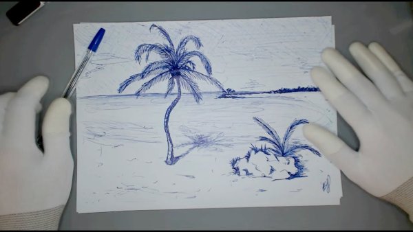 Пейзаж синей ручкой