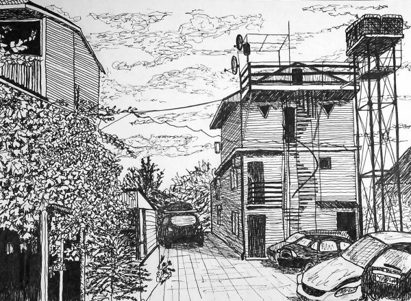 Деревенский пейзаж тушью