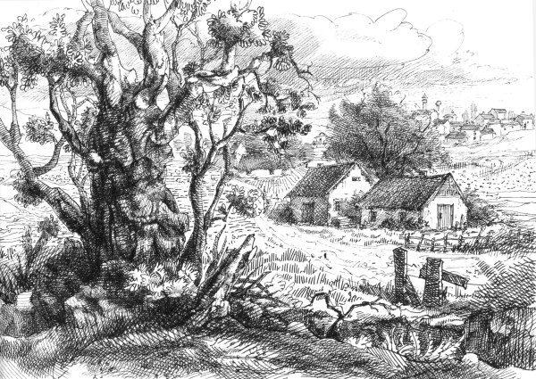 Пейзаж в графике гелевой ручкой