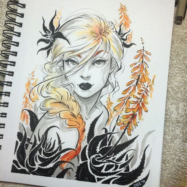 Арты акварелью и черной ручкой