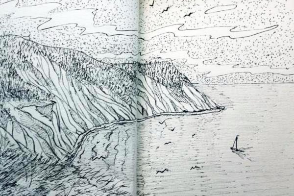 Морской пейзаж гелевой ручкой